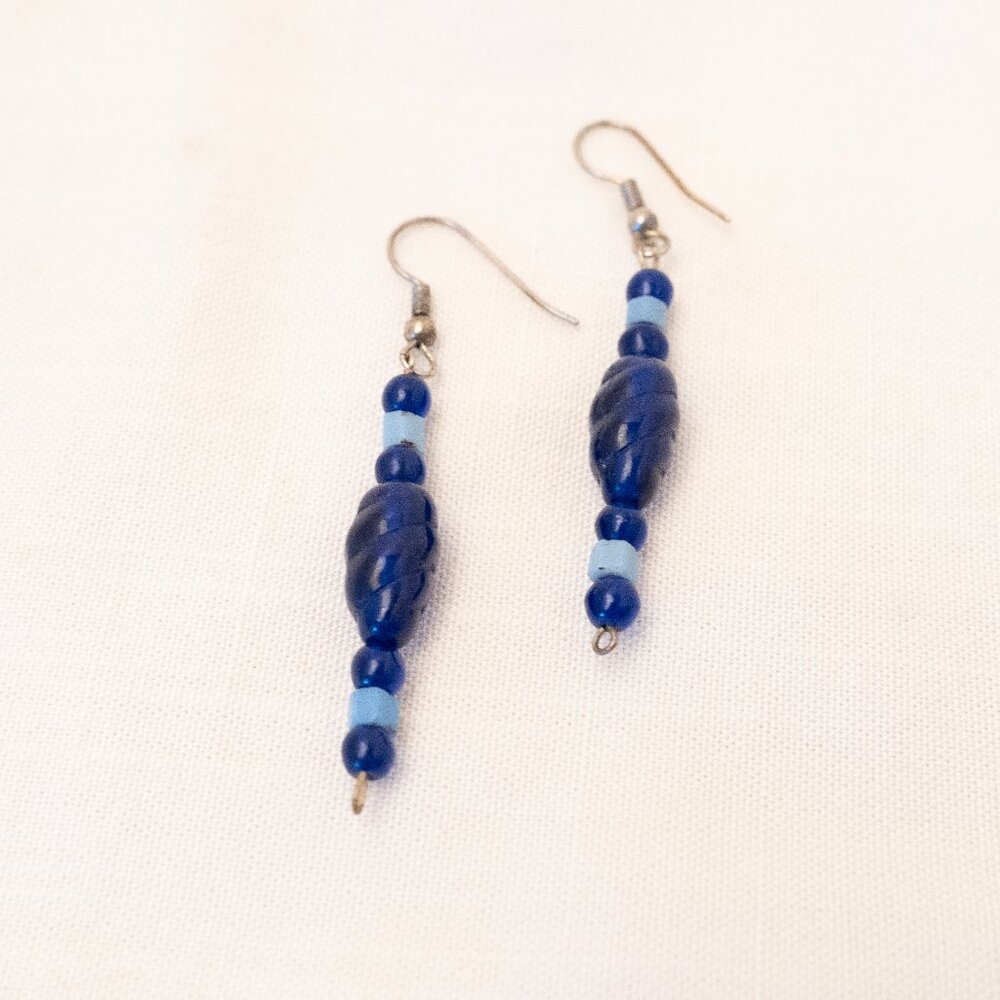 Blue Beaded Dangle Earrings, Wire Hook, Pierced Ears